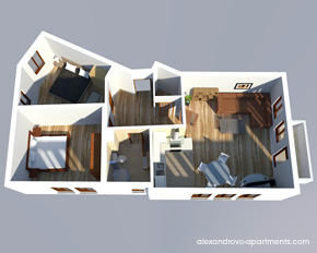 interior 3D visualization of a 2 bedroom flat