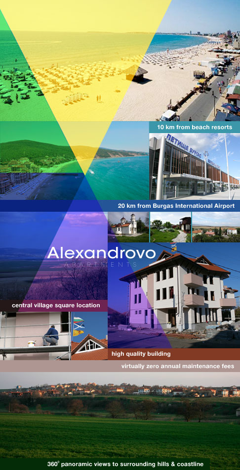 a photo collage of village of Alexandrovo, beach resorts, Burgas International Airport, high quality apartment building